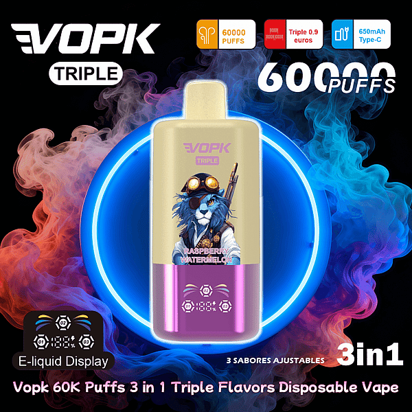 Złoto-fioletowy, potrójny jednorazowy waporyzator VOPK pośrodku neonowego niebieskiego pierścienia, ze steampunkową etykietą z niebieskim lwem i napisem Raspberry Watermelon, na tle wirującego czerwonego i niebieskiego dymu z tekstem na obrazie informującym o 60 000 zaciągnięć, smakach 3 w 1 i baterii 650 mAh typu C.
