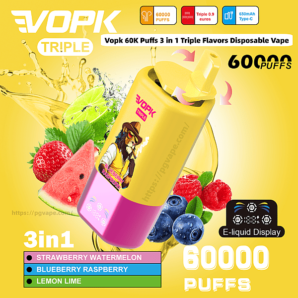 Żółto-różowy potrójny jednorazowy waporyzator VOPK przedstawiający arbuza, truskawkę, jagodę, malinę i limonkę, promujący 60 000 zaciągnięć i trzy smaki do wyboru oznaczone jako Truskawka-Arbuz, Jagoda-Malina i Cytryna-Limonka.
