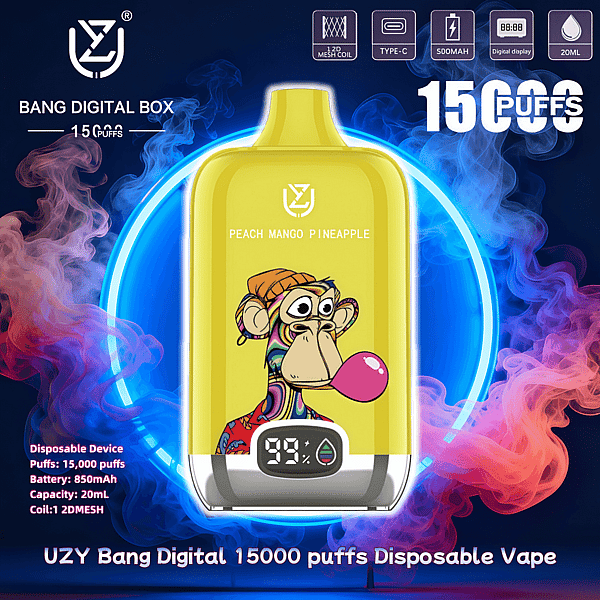 黄色の UZY Bang Digital 使い捨て電子タバコ デバイスは、泡を吹くカラフルな漫画のサルを特徴とし、ピーチ マンゴー パイナップルと 15,000 パフのラベルが付いており、ネオン リングと渦巻く色の煙の背景に 99% デジタル バッテリー ディスプレイが付いています。.