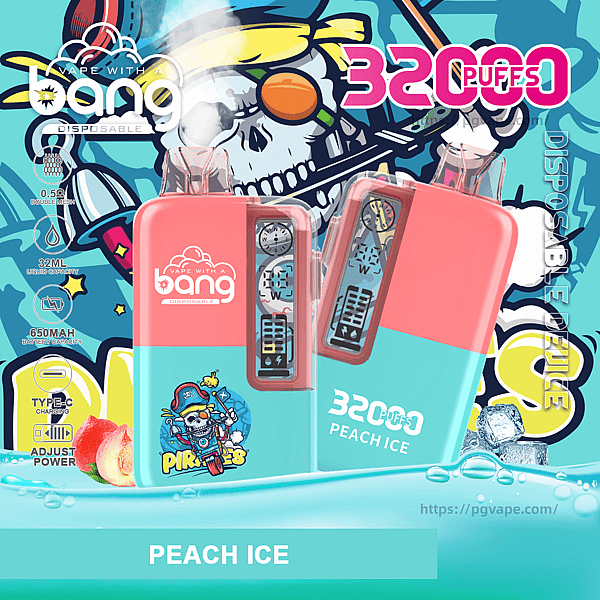 Two coral-and-teal disposable vape devices branded “bang” and labeled Peach Ice — 32,000 puffs — shown against a colorful pirate skull background with peaches, ice cubes and water splashes, one device revealing internal components through a clear window and icons noting 32ml capacity and Type‑C charging.
