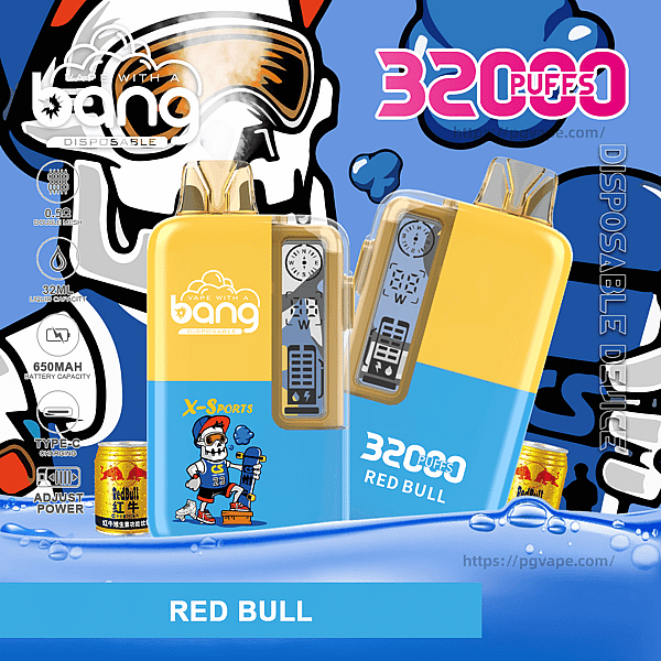 Bright yellow-and-blue packaging for Bang disposable vapes labeled Red Bull, showing two pod devices with digital displays, a large “32000 puffs” logo, cartoon skull and skateboarder graphics, a small Red Bull can, and icons noting 0.5Ω mesh, 32ml liquid capacity, 650mAh battery and Type-C charging.