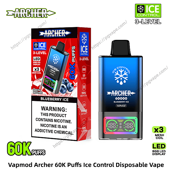 Vapmod Archer wegwerpvape en bijbehorende doos, met een blauw 'Blueberry Ice'-apparaat met een ijscontrole-sneeuwvloklogo, RGB LED-display en tekst die 60K trekjes aangeeft, naast een rode verpakking met smaak, kenmerken en een nicotinewaarschuwing.