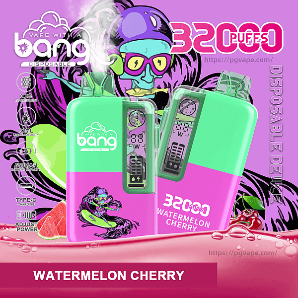 Bright promotional image showing two mint-green-and-pink Bang disposable vape devices labeled "3200 puffs" and "Watermelon Cherry," set against a purple graphic background with a surfing cartoon character, sliced watermelon and cherries, and icons noting 32 mL capacity, 650 mAh battery, Type-C charging and adjustable power.