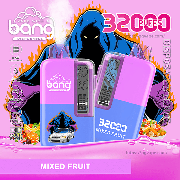 Two pink-and-blue disposable vape devices labeled "bang" with "32000 puffs - mixed fruit" centered against a pink background, a hooded, flame‑rimmed dark figure looming behind them and fruit illustrations and specification icons along the sides.