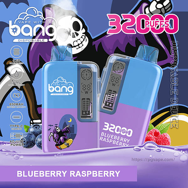 Two pastel blue-and-purple disposable vape devices branded 'bang' with visible digital displays, large pink '32000 puffs' and 'Blueberry Raspberry' flavor text, surrounded by cartoon skull and grim-reaper artwork, blueberries and raspberries, and small icons showing 32 mL e-liquid, 650 mAh battery, Type‑C charging and adjustable power.