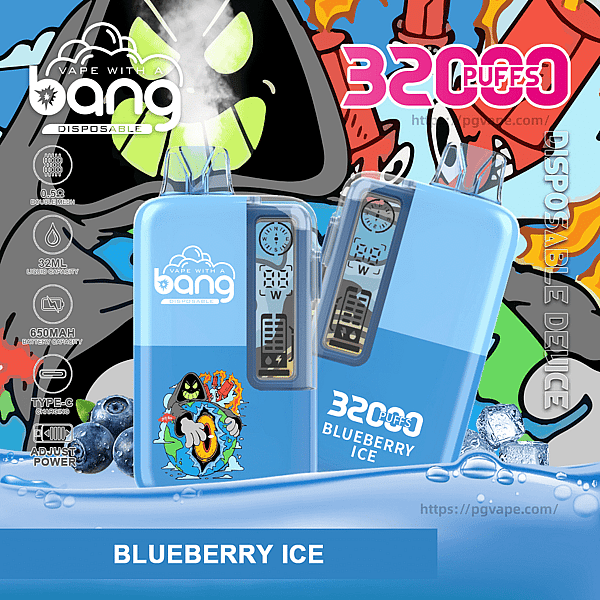 Two light-blue disposable vape devices with clear mouthpieces and small digital displays foreground a colorful graffiti-style background, featuring the white "bang" logo, a prominent pink "32000 puffs" label, blueberry and ice imagery, and a BLUEBERRY ICE flavor banner.