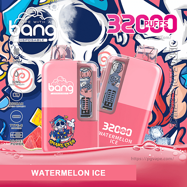 Two pink disposable vape devices bearing the 'bang' logo with transparent mouthpieces and side digital displays set against colorful skull graffiti artwork, a prominent "32000 PUFFS" claim and "WATERMELON ICE" flavor labeling with watermelon slices and ice cubes.