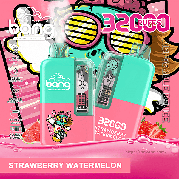 Two turquoise-and-pink disposable vape devices branded "Bang" set against a colorful cartoon background with strawberries and watermelon, displaying the labels "32000 puffs" and "Strawberry Watermelon" flavor.