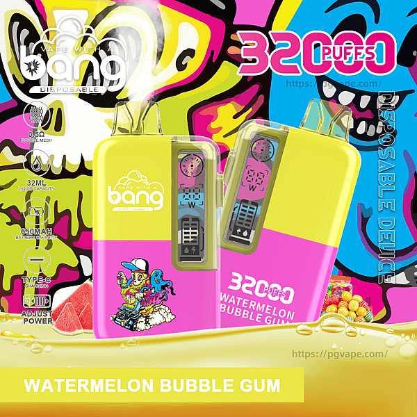 Bright pink-and-yellow Bang disposable vape devices with clear mouthpieces and small digital screens set against a neon pop-art background of grinning skull faces, prominent '3200 puffs' text and 'Watermelon Bubble Gum' flavor label, plus small icons showing specs like 32 mL, 650 mAh and Type-C charging.