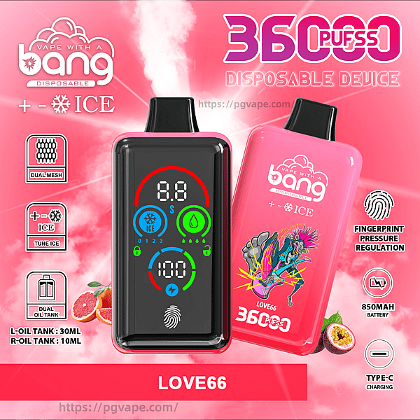 Pink advertisement for the Bang LOVE66 disposable vape showing two devices—one with a black front screen displaying colored digital icons and a fingerprint symbol, the other a pink back with colorful artwork—surrounded by icons for 36,000 puffs, ICE cooling, dual mesh, dual oil tanks (30ml/10ml), fingerprint pressure regulation, 850mAh battery, Type‑C charging and fruit flavor images on a pink cloud background.