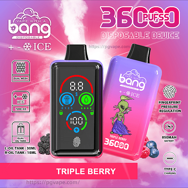 Two gradient pink‑purple Bang disposable vape devices—one with a digital display and fingerprint icon, the other labeled Triple Berry with an alien illustration—against a pink clouded background advertising 36,000 puffs, +ICE cooling, dual oil tanks, dual mesh, fingerprint pressure regulation, 850mAh battery and Type‑C charging.
