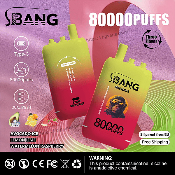 Promotional graphic showing two yellow-to-red gradient S.BANG Bang Leader disposable vape devices with top mouthpieces, a prominent “80000 PUFFS” label, icons for Type-C charging and dual mesh, listed flavors (Avocado Ice, Lemon Lime, Watermelon Raspberry), and a “Shipment from EU / Free Shipping” badge against a pastel pink and green swirled background.