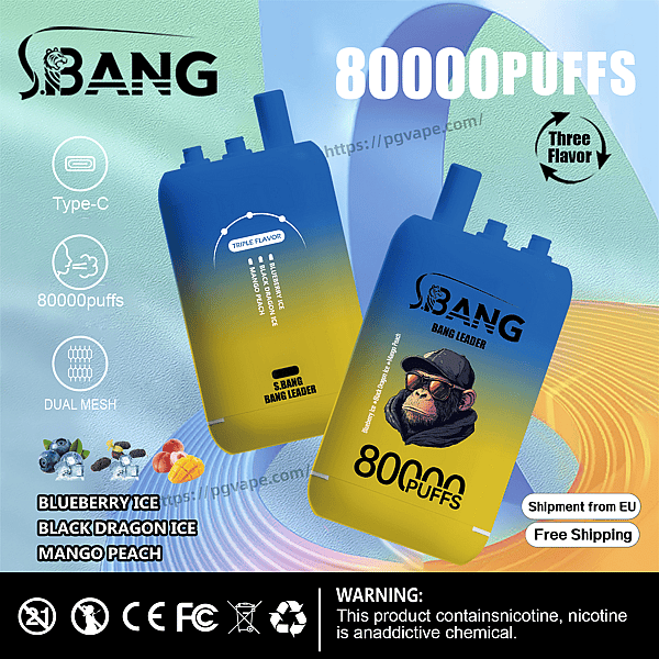 Advertisement showing two S.BANG Bang Leader disposable vape devices in a blue-to-yellow gradient with a cartoon monkey wearing a cap logo, prominent '80000 PUFFS' text, Type-C and dual-mesh icons, flavor names Blueberry Ice, Black Dragon Ice and Mango Peach, shipping badges and a nicotine-warning label on a colorful abstract background.