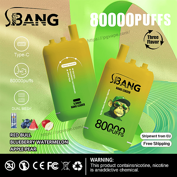 Promotional image of two green-to-yellow disposable vape devices branded S.BANG/BANG LEADER on a green abstract background, highlighting '80000 PUFFS', Type-C charging and dual mesh icons, 'triple flavor' options with small Red Bull, blueberry, watermelon and apple-pear illustrations, shipment from EU and free shipping badges, compliance and age icons, and a nicotine-addiction warning.