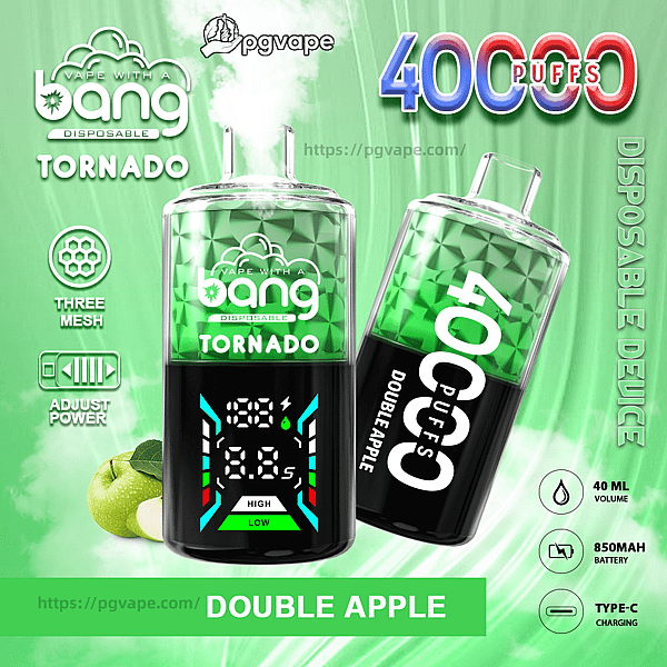 Two green-and-black Bang Tornado disposable vape devices labeled Double Apple with a digital power display, shown with apples and vapor on a green background alongside text advertising 4000 puffs, 40 ml capacity, 850 mAh battery, adjustable power and Type-C charging.