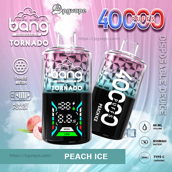 Advertisement showing two pink-and-turquoise Bang Disposable Tornado vape devices labeled Peach Ice—one upright with a digital display and one tilted—surrounded by icons and text for 40,000 puffs, three-mesh coils, adjustable power, 40 ml volume, 850 mAh battery and Type‑C charging, set against a pink and blue gradient background with peach and ice imagery and the pgvape logo.