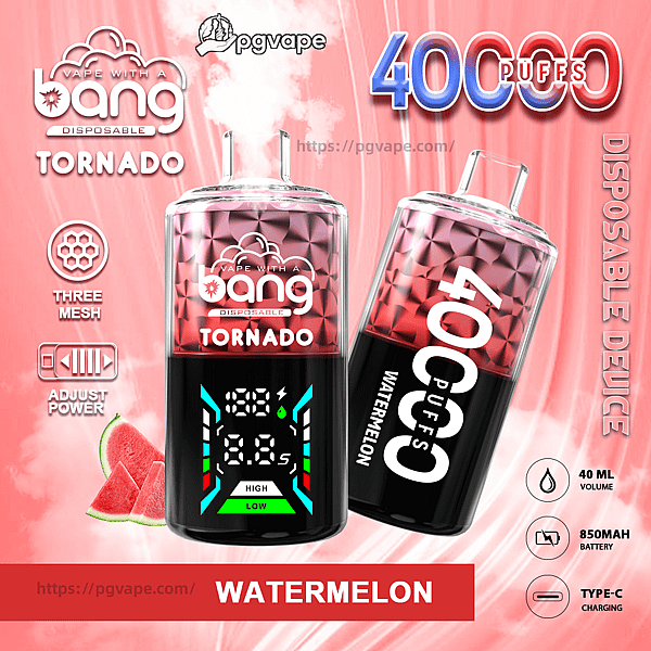 Two glossy pink-red Bang Tornado disposable vape devices marked Watermelon and 400 puffs—one upright showing a digital power/display and the other tilted—set against a pink background with watermelon slices and icons for three-mesh coils, adjustable power, 40 mL, 850 mAh battery and Type-C charging.