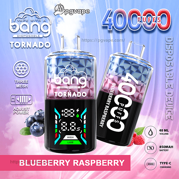 Two Bang Tornado disposable vape devices with blue-pink faceted tops and black bases showing a digital power/battery display, labeled 4000 puffs and Blueberry Raspberry, with icons for three-mesh, adjustable power, 40ml volume, 850mAh battery and Type-C charging on a purple-blue gradient background.