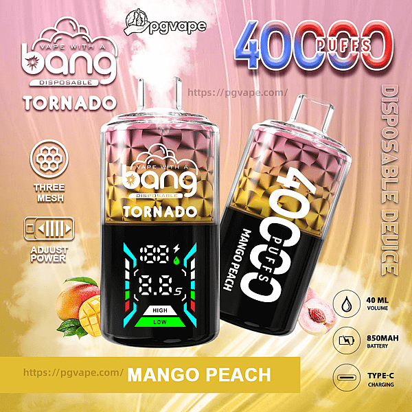 Marketing image of two pink-and-gold Bang Tornado disposable vape devices, one upright showing a digital display and the other tilted with “400 PUFFS” and “Mango Peach” labels, set against a gradient background with small mango and peach images and icons for three-mesh coil, adjustable power, 40 mL, 850 mAh battery, and Type-C charging.