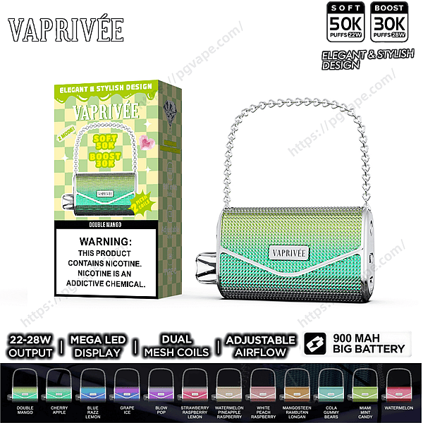 Il vaporizzatore usa e getta VAPRIVÉE ha lo stile di una piccola borsetta in rete metallica con sfumature verdi con un manico a catena argentata mostrato accanto alla scatola a scacchi verde abbinata con la scritta 'Soft 50K Boost 30K' e un avviso sulla nicotina, con icone e variazioni di sapore e colore lungo il fondo.