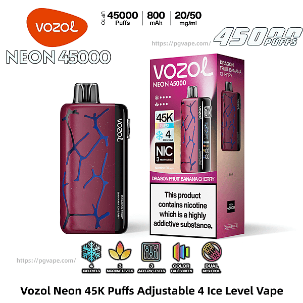 Maroon-purple Vozol Neon 45000 disposable vape with blue vein-like pattern beside its pink box labeled Vozol Neon 45000 advertising up to 45K puffs, adjustable ice levels and Dragon Fruit–Banana–Cherry flavor with a nicotine warning.