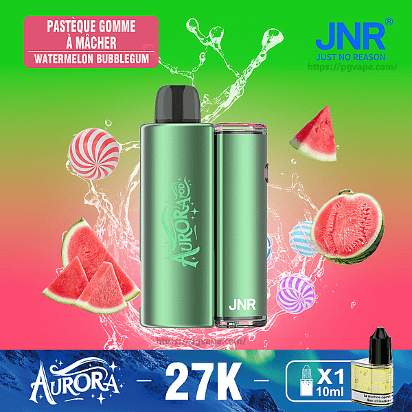 Green metallic Aurora JNR disposable vape device centered on a pink-to-green gradient background with watermelon slices and striped bubblegum candies, labeled Watermelon Bubblegum and showing Aurora, JNR and 27K branding with a small 10ml e-liquid bottle icon.