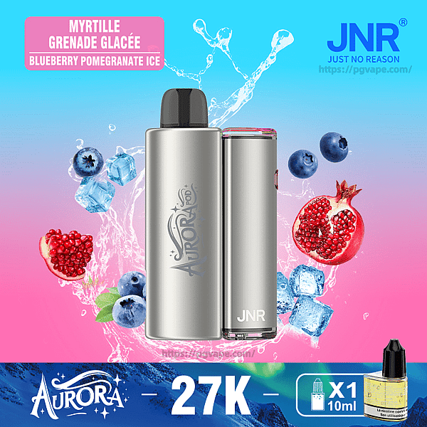 Silver Aurora/JNR pod-style vape device centered against a pink-to-blue gradient background, surrounded by splashing water, ice cubes, blueberries and pomegranate halves, with a top-left label reading Myrtille Grenade Glacée (Blueberry Pomegranate Ice) and a bottom banner showing Aurora 27K.