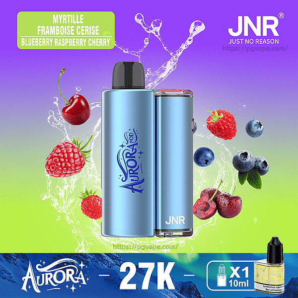 Two light-blue Aurora/JNR vape devices centered over a purple-to-green gradient with splashing water and floating blueberries, raspberries and cherries, labeled "Myrtille Framboise Cerise / Blueberry Raspberry Cherry" and showing the Aurora logo, JNR branding, "27K" and a small 10 ml e-liquid bottle icon.