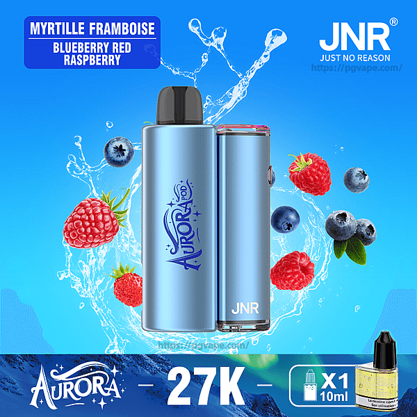 Two metallic light-blue Aurora JNR pod devices centered on a bright blue background with splashing water and floating blueberries and raspberries, labeled "Blueberry Red Raspberry" and showing the Aurora logo, "27K" and a 10ml e-liquid bottle icon.