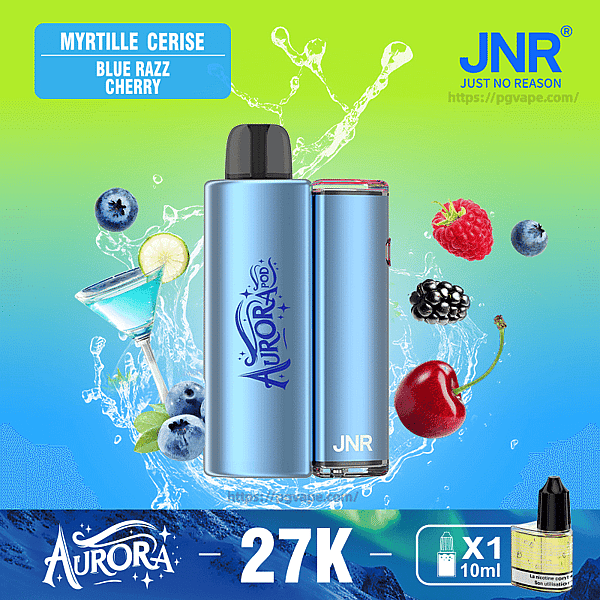 Blue metallic Aurora JNR vape device centered against a green-to-blue gradient with splashing water, surrounding fruits (blueberries, cherry, raspberry, blackberry) and a blue cocktail, top-left label reading 'MYRTILLE CERISE BLUE RAZZ CHERRY', JNR logo top-right and a '27K' banner with a 'X1 10ml' bottle icon at the bottom.