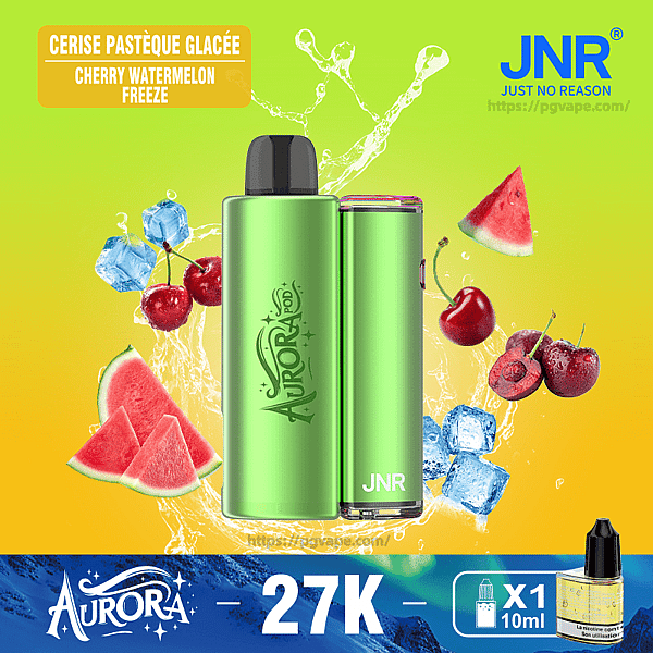 Two metallic lime-green Aurora disposable vapes centered against a lime-to-orange gradient with splashing water, ice cubes, cherries and watermelon slices, labeled "Cerise Pastèque Glacée / Cherry Watermelon Freeze," JNR logo at top right and a blue banner at the bottom showing the Aurora name and price 27K with an X1 10ml bottle icon.