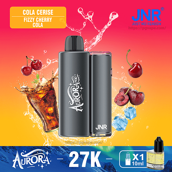 Matte gray Aurora JNR vape device centered on a pink-to-orange gradient background with splashing cola, cherries and ice cubes, flavor label reading 'Cola Cerise Fizzy Cherry Cola' and branding elements including JNR logo, '27K' and 'X1 10ml'.