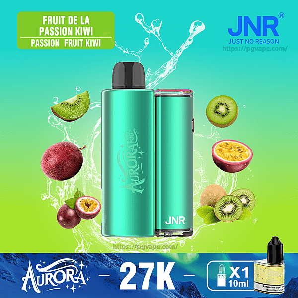 Two metallic turquoise Aurora/JNR pod vape devices centered against a green-to-teal background with splashing water, surrounded by kiwi and passion fruit halves, a 'Fruit de la Passion Kiwi' flavor label, JNR logo, and a bold '27K' price with a small 10ml e-liquid bottle icon.