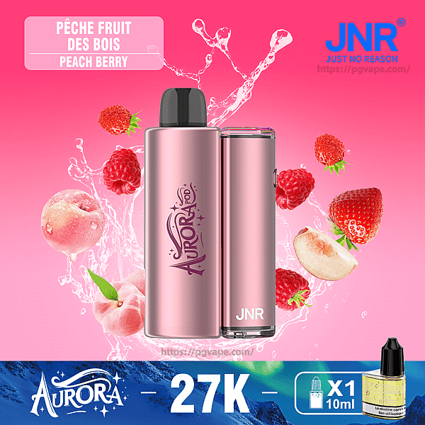 Pink metallic Aurora JNR vape device centered on a pink background with splashing peaches, strawberries and raspberries, labeled Peach Berry flavor and showing the JNR logo, '27K' and 'X1 10ml' indicators.