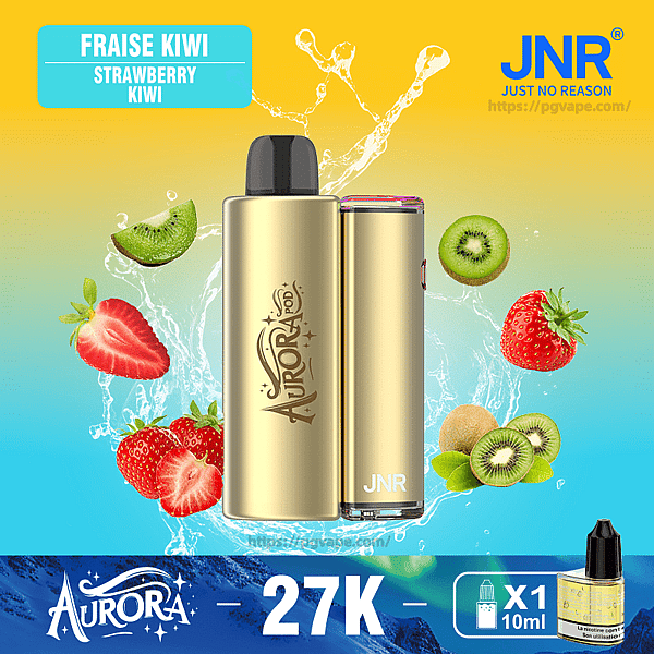 Promotional graphic showing a gold Aurora JNR vape device centered against a splash background with strawberries and kiwi slices, labeled 'Fraise Kiwi Strawberry Kiwi' with the JNR logo, '27K' text and a 10ml e-liquid bottle icon.