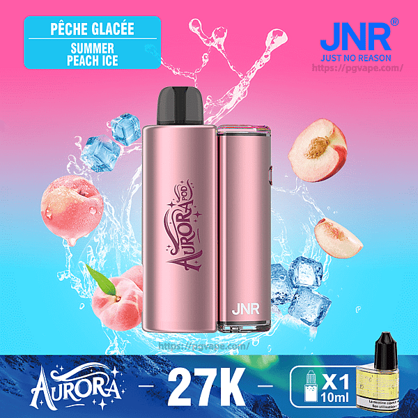 Pink metallic Aurora JNR vape device centered on a pink-to-blue gradient background with splashing water, ice cubes and peach halves, labeled "Pêche Glacée / Summer Peach Ice" and showing "27K".