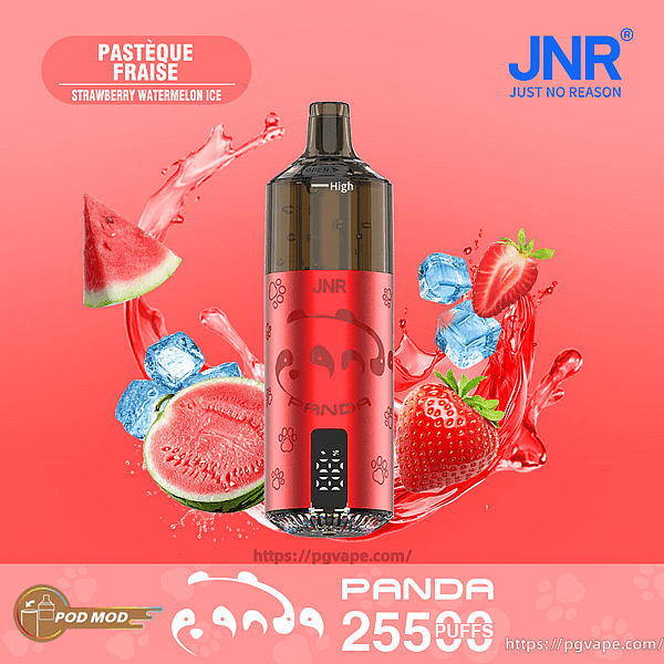 Red JNR Panda disposable vape device centered on a pink gradient background with splashing watermelon and strawberry slices and ice cubes, labeled “Pastèque Fraise Strawberry Watermelon Ice” and “PANDA 25500 PUFFS”.