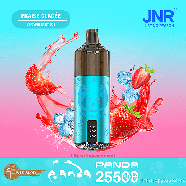 Cyan metallic Panda JNR pod mod vape device centered against a pink-to-blue gradient background with splashes of strawberry juice, whole and halved strawberries and ice cubes, labeled “Fraise Glacée Strawberry Ice” and “PANDA 25500 PUFFS.”