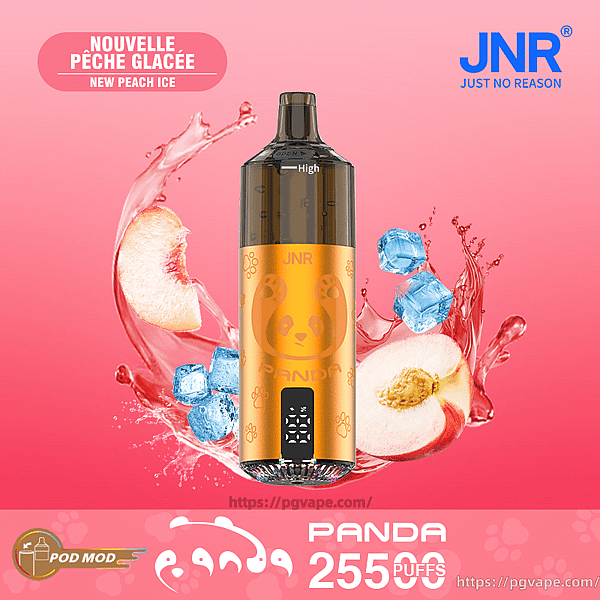 Golden-orange JNR Panda disposable vape device centered on a pink gradient background surrounded by peach slices, ice cubes and splashing liquid, with 'New Peach Ice' label, JNR logo, and 'PANDA 25500 PUFFS' text.