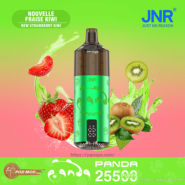Bright green JNR Panda disposable vape device centered with sliced strawberries and kiwis splashing around it against a green-to-pink gradient background, labeled New Strawberry Kiwi and PANDA 25500 PUFFS.