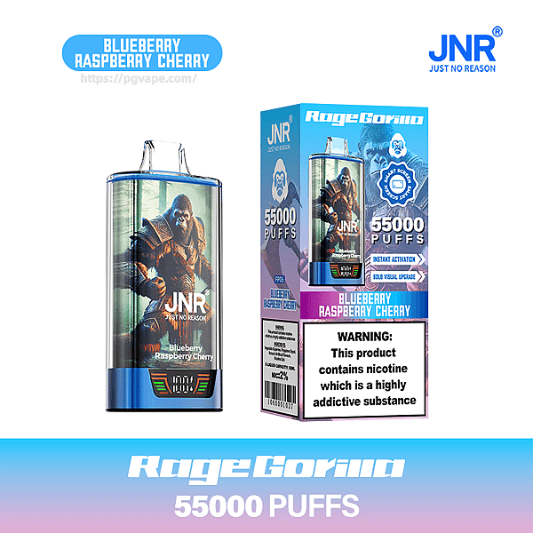Disposable vape device and its box labeled JNR RageGorilla featuring a gorilla warrior illustration, flavor text Blueberry Raspberry Cherry, 55,000 puffs claim and a prominent nicotine addiction warning
