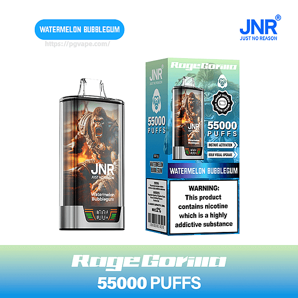 Disposable vape device and boxed packaging for JNR 'RageGorilla' featuring a roaring gorilla graphic, 'Watermelon Bubblegum' flavor label, '55000 PUFFS' claim, brand logo and a nicotine warning.