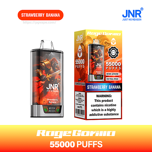 Compact JNR RogueGorilla disposable vape device and matching box in strawberry banana packaging featuring gorilla artwork, a prominent “55,000 PUFFS” claim, flavor label, digital indicator on the device and a nicotine warning panel.
