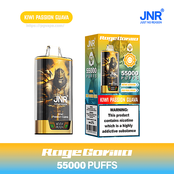 Product shot of a JNR RageGorilla disposable vape and its packaging for Kiwi Passion Guava, showing a black-and-gold device with a gorilla illustration, the JNR logo, a prominent "55,000 puffs" claim and a nicotine warning label, set against a yellow-to-blue gradient background.