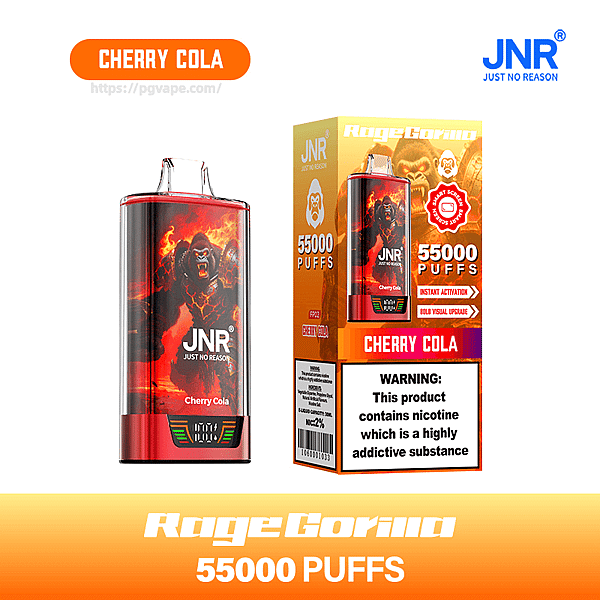 Red and black JNR RageGorilla Cherry Cola disposable vape and matching box featuring a roaring fiery gorilla graphic, '55000 PUFFS' claim, JNR logo and a nicotine warning label.