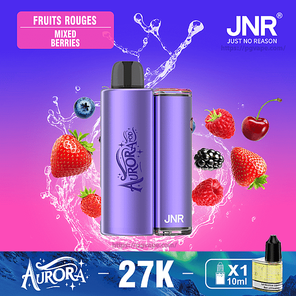 Coppia di dispositivi di vaporizzazione Purple Aurora/JNR centrata su uno sfondo sfumato da rosa a viola con spruzzi d'acqua, circondato da fragole, lamponi, more, mirtilli e una ciliegia, un'etichetta rosa con la scritta 'Fruits Rouges Mixed Berries' in alto a sinistra e il marchio 'Aurora 27K' con un'icona di e-liquid da 10 ml lungo il fondo.