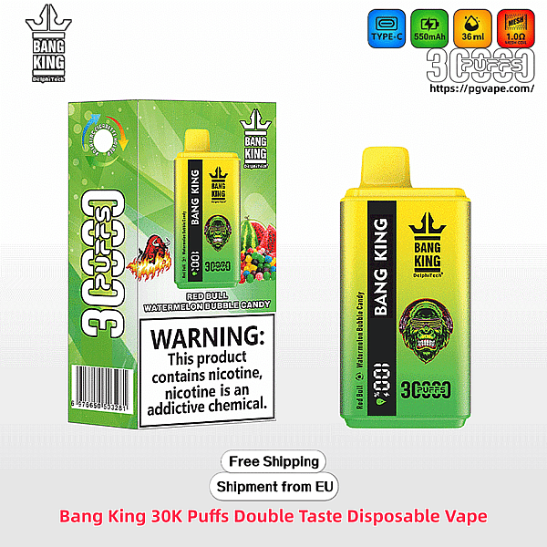 Yellow-to-green Bang King disposable vape and matching green box labeled "30K Puffs" showing flavor "Red Bull Watermelon Bubble Candy", a prominent nicotine warning label, brand logo, and small icons indicating Type-C charging and battery/juice specs.