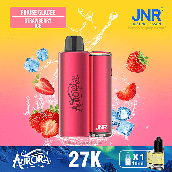 Dispositivo di vaporizzazione Aurora/JNR rosa metallizzato centrato su uno sfondo sfumato da giallo a rosa con spruzzi d'acqua, fragole e cubetti di ghiaccio che lo circondano ed etichette con la scritta 'Fraise Glacée Strawberry Ice', 'JNR Just No Reason' e un grande prezzo '27K' con l'icona di una bottiglia 'x1 10ml'.