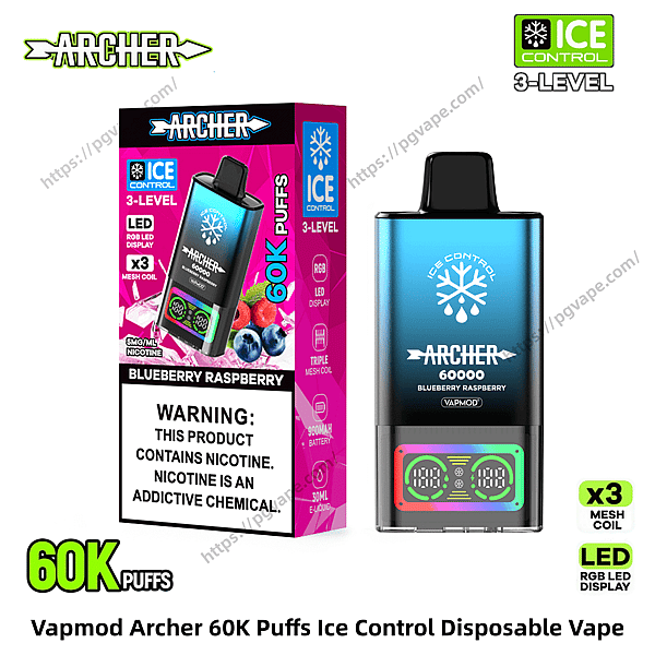 Teal-to-black Vapmod Archer disposable vape next to its pink retail box labeled ‘60K puffs’ and ‘Ice Control,’ showing a snowflake logo, small LED display, fruit images for blueberry raspberry flavor, and a prominent nicotine warning panel.