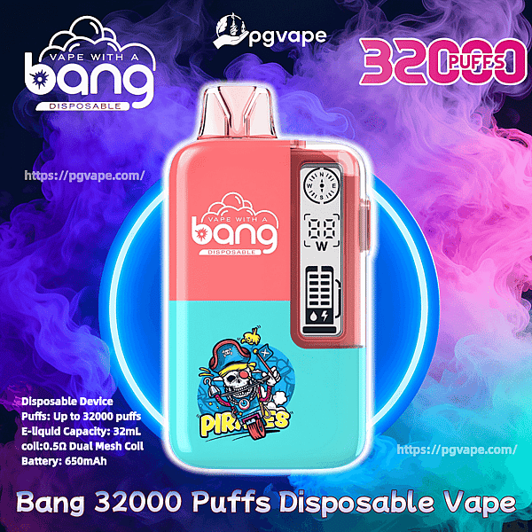 Promotional image of a Bang disposable vape device in red and teal featuring a pirate skull graphic and a vertical digital display, labeled “32000 puffs” over a purple-blue smoky background with brand logos and product details.